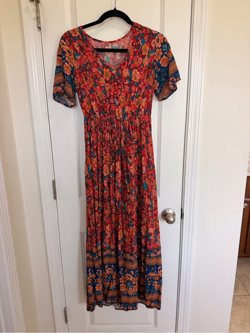 SHEIN Women’s S Red Floral Boho Maxi Dress Short Sleeve Border Print Stretch